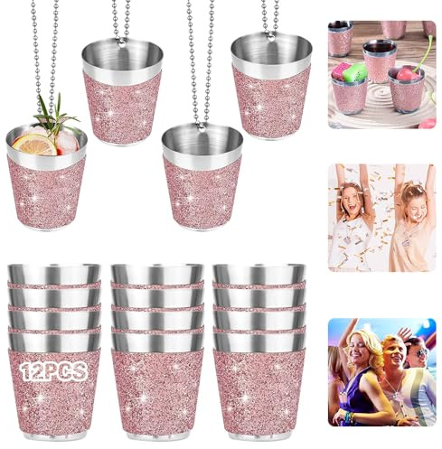 RURIZHONGTIAN 12 Stück Schnapsgläser zum Umhängen Edelstahl, Schnapsglas zum Umhängen Glitzer, Schnapsbecher mit Kette, 30 ml Shot Becher Rosa, für Hochzeitsfeiern Junggesellenabschiede Karneval