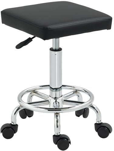 HOMCOM Taburete Giratorio Taburete con Ruedas Altura Regulable 50-66 cm Asiento Tapizado de Cuero Sintético Reposapiés para Salones y Talleres Negro
