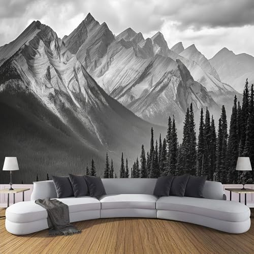 JEDTAKCT Papier Peint Panoramique Nature 260X175Cm - Revêtement Mural Décoration Salon - Esquisse De Montagnes - Forêt Moderne - Tableaux Muraux Tapisserie Photo Trompe L'Oeil Pour Chambre