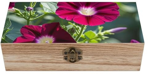 Anceky Caja de madera con geranios rojos y tapa abatible, rectangular, grande, diseño retro, para guardar joyas, manualidades, decoración y regalo.