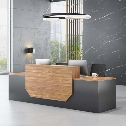 Große Empfangstheke Rezeption – Industrieller Bürotisch für große Räume – Holztisch mit Metallfüßen und integrierter Ablagefläche(Walnut Wood,78.74/200cm)