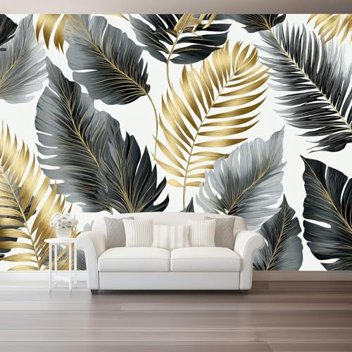Papier Peint Panoramique 200 X 140 Cm Papier Peint Intissé Décoration Murale Tropical Feuilles De Palmier Veinesmural Décoration Pour Chambre Salon Chambre D'Enfants Noir Or