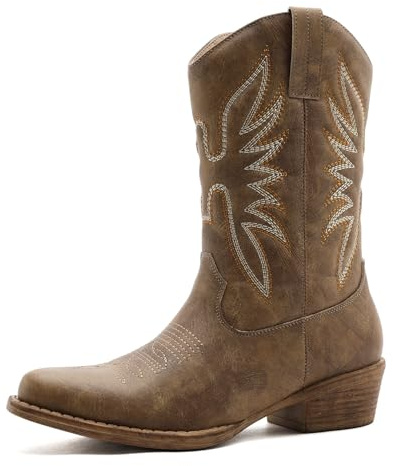 GLOBALWIN Square Toe Brown Cowboy Boots For Women Brown Cowgirl Boots Western Boots With Low Heel Size 8.5M