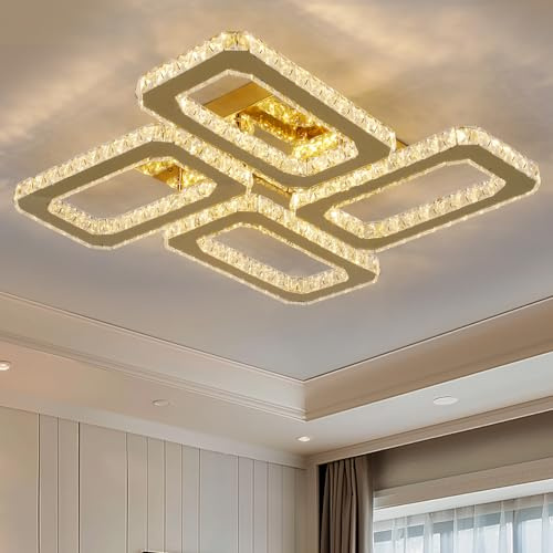 GreeLustr Kristall Kronleuchter, Quadratische Kristall Deckenleuchte, Gold Moderne Kronleuchter mit 4 Lichtern für Wohnzimmer Schlafzimmer, Variables Licht LED Halbeinbau Deckenlampe 52cm