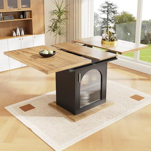 Tavolo da pranzo allungabile con funzione telescopica e ripiani, moderno tavolo da cucina con frontale in vetro e spazio di archiviazione, tavolo multifunzione salvaspazio per soggiorno e sala da