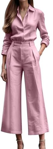 Smart vardaglig arbetsdräkt för damer, träningsoverall för kvinnor – elegant business kontor arbete Co Ord set casual blusar långärmad och hög midja vida ben byxor passar vår höst outfit, Rosa, XL