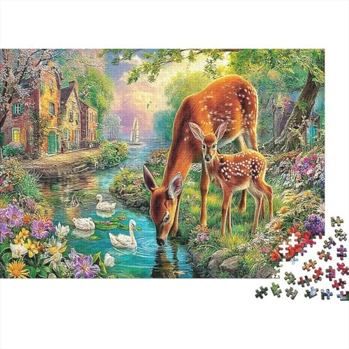 Puzzle Deer in Spring 1000 Pièces, Carton Recyclé, Cerf en Forêt Enchantée, Éducatif Relaxant, Cadeau de Réunion (52x38cm)