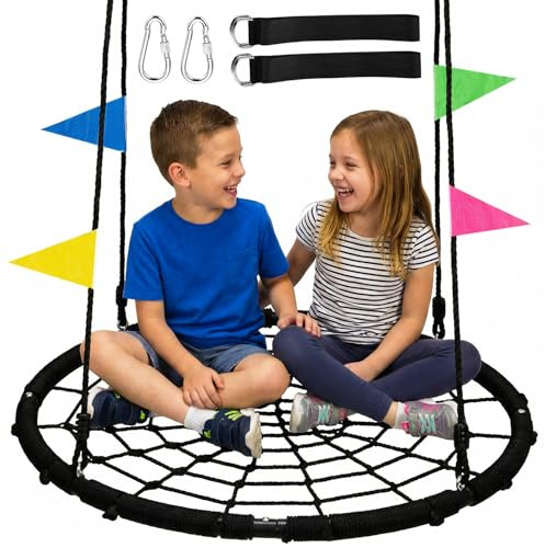 40 Inch Spider Web Tree Swing, 800LBS Weight Capacity Outdoor Saucer Net Swing for Kids & Adults with Hanging Straps & Carabiners, Perfect for Backyard & Playground, Black