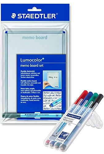 Staedtler 641 MB Lumocolor memo board set trocken abwischbar, mit Feinschreiber Folienstift Lumocolor® correctable, STAEDTLER Box mit 4 Farben fein