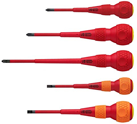 VESSEL Ball Grip VDE Screwdriver (Insulated) Pozidrive/Flat, Set of 5 pcs