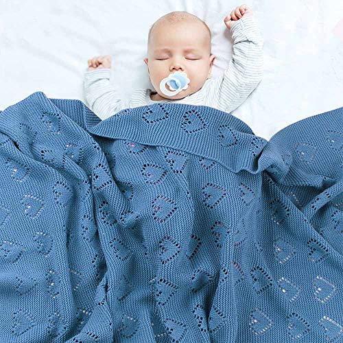 Coperta Bimbo in Maglia per Bambino, Surwin Baby Copertina Neonato Multiuso in Cotone Biologico per Carrozzina Culla Lettino Passeggino (Blu denim,100x80cm)