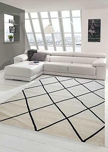 Teppich-Traum Skandinavischer Stil Wohnzimmerteppich Rautenmuster - pflegeleicht - Creme schwarz Größe 160x230 cm