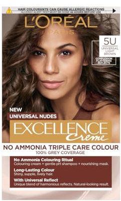 L'Oréal Excellence Nudes 5U Universal Light Brown: 100% Grey Coverage, Complexion Flattering for All Hair Types. Achieve a natural-looking light brown with a subtle, universal reflect that enhances.