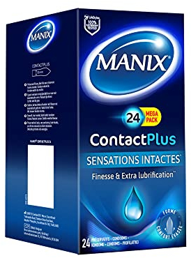 Manix Contact Plus : Boite de 24 Préservatifs pour Homme, Ultra-Fins et Extra Lubrifiés pour des Sensations Intactes / Largeur 53mm
