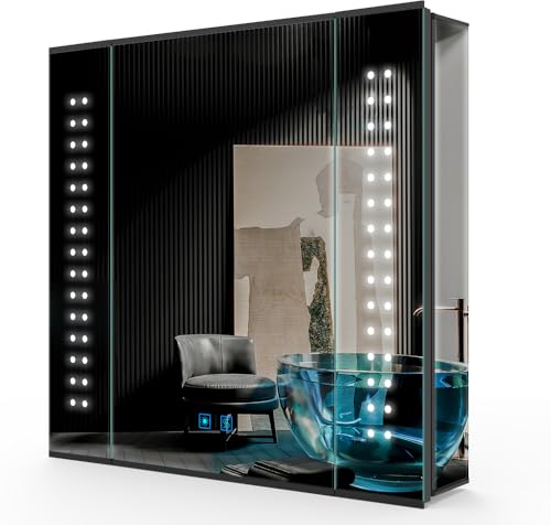 LUMIRRORS® Bathroom Mirror Cabinet with Lights and Anti-Fog, 65x60cm Wall Mounted Illuminated Mirrored Cabinet with Shaver Socket, Dimmer, Glass Shelves, Waterproof IP44, Matt Black for Space Saving ﻿
