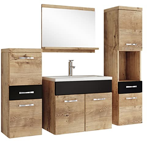 Badezimmer Badmöbel Set Alba 60cm Waschbecken Kastanien Eiche mit Schwarz - Unterschrank Hochschrank Waschtisch Möbel