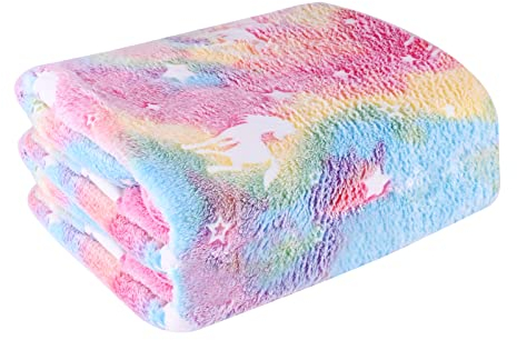 Hileyu Glow in the Dark Blanket, 120x150cm Soft Flannel Fleece Blanket for Kids, Rainbow Unicorn Pink