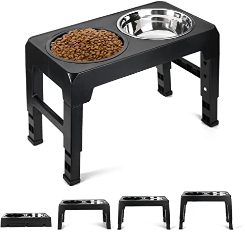Raised Dog Bowl 4 Height Elevated Dog Bowl,Adjustable Dog Bowl Stand with Slow Feeder Dog Bowl &Stainless Steel Bowls,Dog Bowls with Stand for Small Medium Large Dogs
