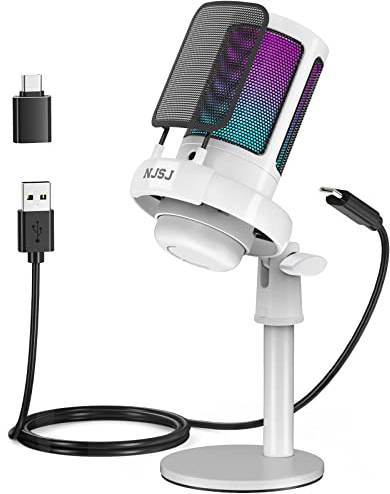 NJSJ Gaming Mikrofon PC, USB Microphone für PC/PS4/PS5/Mac/Telefon, Kondensatormikrofon USBC mit Touch-Stummschaltung, Brillante RGB-Beleuchtung, Kopfhöreranschluss für Podcasting(Weiß)