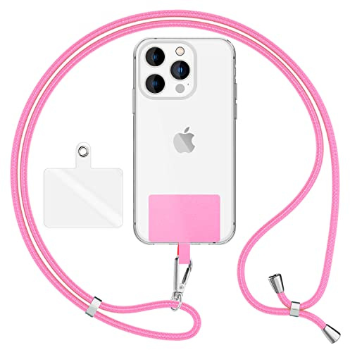 NALIA Universal Handykette für alle Smartphones, Rosa, Silber Metall | Klebefreie Montage, Reißfestes Nylon-Gewebe, Klarer und farbiger Einleger, Auch für Kamera und Wallet, HOLDME AIR