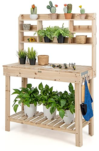 COSTWAY Pflanztisch mit Aufklappbarer Tischplatte, Gärtnertisch Holz, Arbeitstisch mit 3 Haken & Ablagen, Blumentisch für Terrasse Garten Balkon, 108 x 50 x 153 cm, Gartentisch Natur