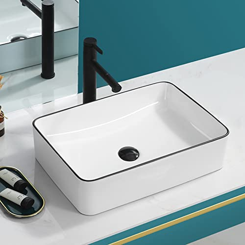 Waschbecken mit Pop-Up-Abfluss, Kombination Aus Waschbecken und Wasserhahn, Weißes Waschbecken mit Schwarzem Rand, Waschbecken Über Der Theke (Color : B)