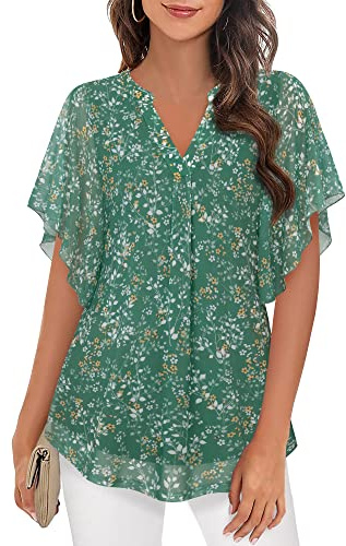 Timeson Ladies Tops and Blouses: Short Sleeve Summer Women's Blouses Business Casual V Neck Work Office Dressy Shirts Hide Tummy Floral Tunic Tops To Wear With Leggings Wrinkle Free Spring Loose