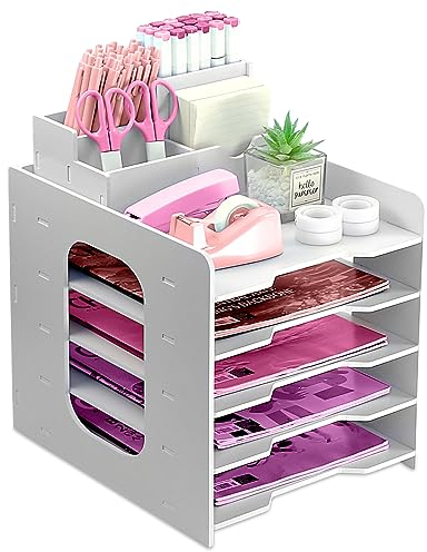 5-stöckige Briefablage Organizer, Holz Papier Ablageschale für Büroschreibtisch, A4 Schreibtisch Ordentlicher Organizer mit Stifthalter, Dokumentenhalter A4 Papier Ablageschalen für Zuhause, Büro