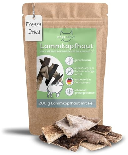 BARFAWAY Lammkopfhaut, gefriergetrockneter Kausnack mit Fell für Hunde, 100% natürlich ohne Zusätze, Deutsche Herstellung, geruchsneutral, 200 g