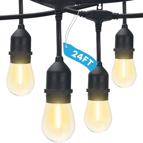 LUXRITE 24FT LED Outdoor String Lights Commercial Grade Waterproof, 12 Edison S14 Shatterproof Bulbs, Hanging Lights for Patio, IP65, Decorative Outside Lights for Backyard Garden Cafe Balcony