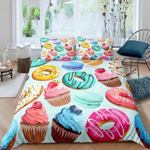 Set Copripiumino Matrimoniale 240x220 Ciambella Biancheria da Letto in Morbida Microfibra Stampa 3D Ragazzo Ragazza Copripiumini con Cerniera + 2 Federe, D1006