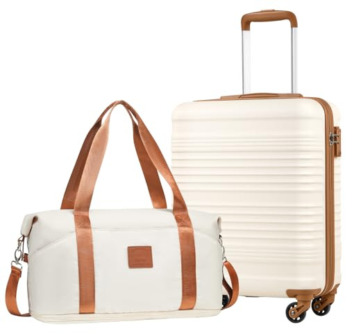 Coolife Kabinbagage 55 x 35 x 20 cm för flygbolaget Ryanair – Lätt handbagage med TSA-lås och 4 svängbara hjul, Vit/brun, 55X40X20cm -Set 2tlg