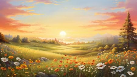 adrium Acryl-Bild 140 x 80 cm: Wunderschöne Sommerlandschaft mit Wiese und Blumen bei Sonnenuntergang. Digitale Zeichnung. (208693451)