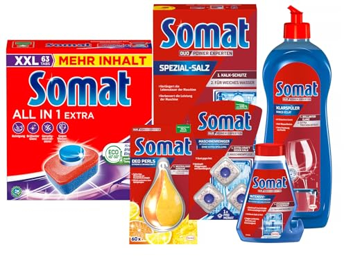 SOMAT Tabs 63 AW all in 1 Extra, Geschirrspül Tabs für Sauberkeit, bekämpft eingetrocknete Rückstände + Klarspüler + Intensiv-Maschinenreiniger + Spezial-Salz + Deo Perls + Maschinenreiniger