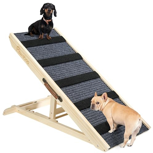 Pawaboo Hunderampe, Tragbare Haustiertreppe aus Holz, 4 Verstellbare Höhen 11.6 - 22.4, Haustierrampe für Kleine Mittelgroße Hunde mit Anti-rutsch bis 143lbs, Hundeeinstiegshilfe Auto Bett Sofa