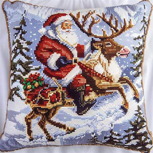 Lfynior Kreuzstich Kissen Set Weihnachten Stickkissen zum Selbersticken 45X45cm Stickpackung Stickset Kreuzstich Kissen zum Basteln Stickkissen Stickpackung mit Vorgedruckt Kreuzstichmotiv