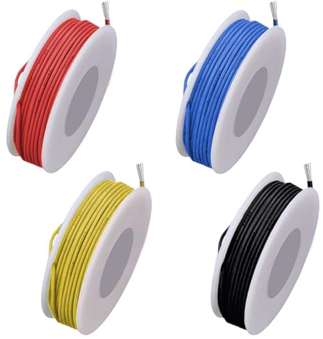 MKBKLLJY 24 Gauge Litzendraht 300V PVC-Elektrokabel 24AWG Isolierung verzinnter beschichteter Kupferdraht Anschlussdraht 4 Farben (Rot/Gelb/Blau/Schwarz) 5 m/16,4 ft pro Stück Kabelsortiment für DIY