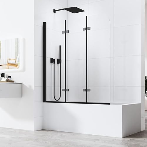 Duschwand für badewanne faltbar, Duschwand Schwarz 3 teilig Badewannen duschwand 120x140cm, 6mm Nano Glas Duschwand Badewanne Badewannenaufsatz Duschtrennwand Duschabtrennung für Badewanne