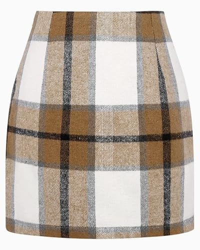 DINGJIUYAN Plaid Mini Skirts for Women- High Waist A line Fall Winter Bodycon Pencil Skirt Faux Wool Tartan Tube Clothing