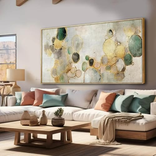 Impresiones de Arte en Lienzo para Pared - Arte de Pared Grande Abstracto con Marco de Círculo Dorado, Obra de Arte Moderna Verde para Sala de Estar, Dormitorio, Oficina 60x120cm/24x47pulgadas
