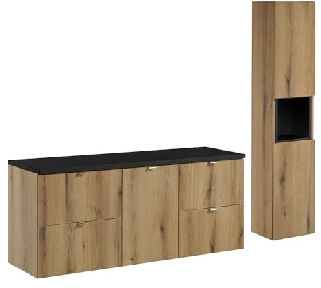 Lomadox Badezimmer Badmöbel Set 2-teilig, 140cm Waschtischunterschrank, in Eiche und schwarz, geringe Tiefe (40cm)
