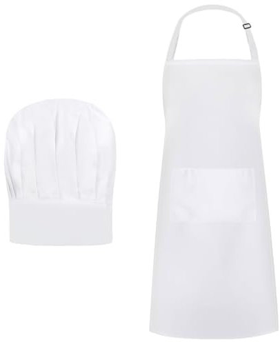 YGKYMVW Kochmütze Schürze Set, Weiß Verstellbare Latzschürze Kochschürze, Weiß Kochmütze Atmungsaktive Männer Frauen Backschürze für Küche Hause Restaurant Hotel