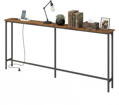 Ginhow Konsolentisch 180cm Breit mit Steckdose fürs Wohnzimmer, Regal Flur Schmal mit 2 USB und 2 Steckdosen, Schmaler Konsolentische in Braun mit Schwarzem Metall, Vintage Console Table 80cm Hoch