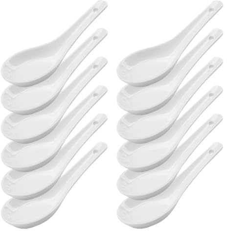 LATRAT 12 Stück Suppenlöffel Keramik, Suppenlöffel, Löffel Set Porzellan, Servierlöffel für Reisschalen, Ramen, Vorspeisen, Desserts, Weiß, 12