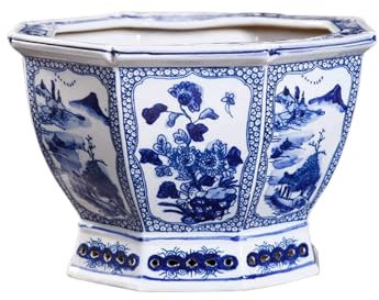 HTYUKFDG Pot de Fleur en Porcelaine Floral Bleu et Blanc Chinoiserie Jingdezhen Hexagon Plavier en céramique Planteur Classic Classic Plant Plante Pot avec Trou de Drainage pour Le Jardin