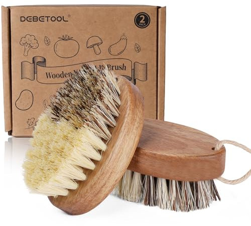 Spazzola per verdure in legno per alimenti, doppia setola (fibra di isal e palma) con corda per appenderla, spazzola naturale compostabile per patate, carote, frutta