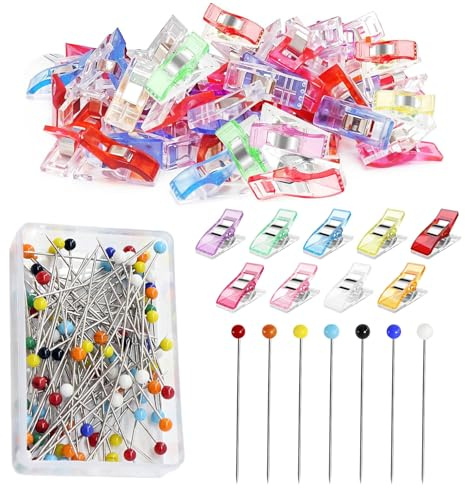 Rnigra Sewing Clips 30 Pieces, Quilting Clips, Fabric Clips Sewing wiht Sewing Pins Coloured Heads 100pcs, Dressmaking Pins, Used Together Can be More Effective for Sewing, Tailoring and Handicrafts