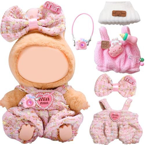 5 Stück Kleidung für Puppe, 17 cm Puppenkleidung Zubehör mit Rosa Overall Weiße Bärenmütze Miniatur-Kamerarucksack Haarspange mit Schleife für Jungen Mädchen Geschenke (Ohne Puppe)