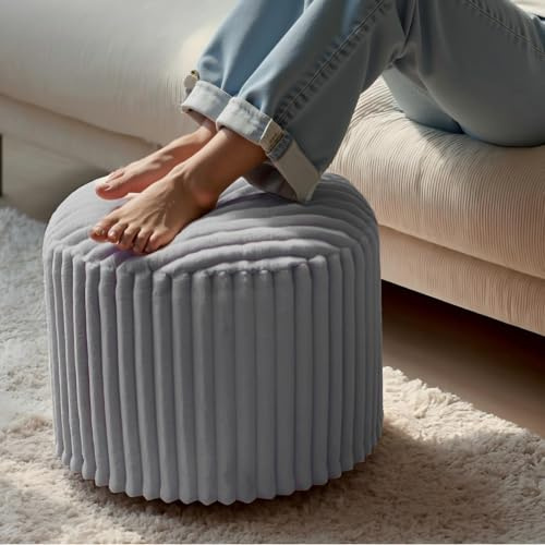 DAWNYIELD Pouf per Interno, Pouf Rotondo in Finta Pelliccia - Poggiapiedi Morbido con Rivestimento in Pile e Imbottitura in Foam, 38x50 cm, per Salone/Camera, Grigio
