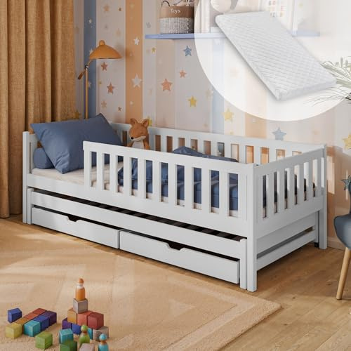 Kids Collective Kinderbett 90x200 mit Ausziehbett zwei Schubladen Rausfallschutz Lattenrost und Matratze Kinder Bett | weitere Größen: 80x160, 80x180, 90x190cm | 90x200cm: von 4 bis 18 Lebensjahr Weiß